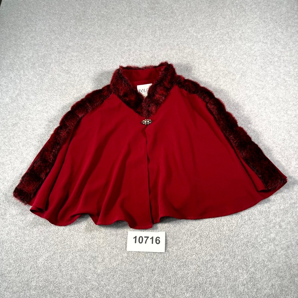 Vintage Dolce Cape Poncho Coat Womens Medium Red Faux Fur Trim Winter Elegant